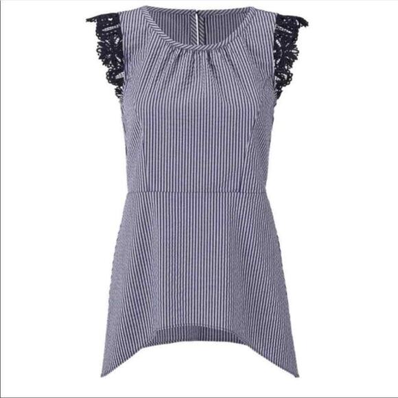CAbi Tops - Cabi Blouse Top Women's Size M Navy Blue Striped Lace Ruffle Sleeve Cotton